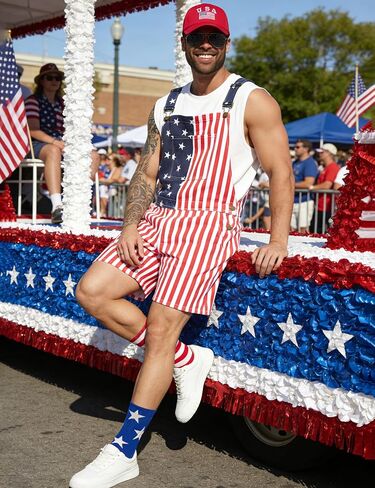 American Flag Overalls Men,USA Hat,4th of July Sunglasses,Patriotic Socks,4 Pcs for Memorial Independence Day in Saudi Arabia