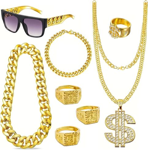 80s 90s Hip Hop Costume Accessories Set for Men, Gold Chain with Dollar Pendant, Bracelet, Rings and Flat Top Sunglasses, Retro Rapper Outfit for Party Halloween in Saudi Arabia