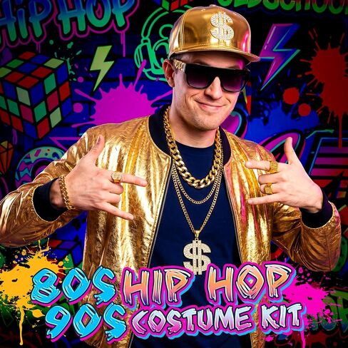 80s 90s Hip Hop Costume Accessories Set for Men, Gold Chain with Dollar Pendant, Bracelet, Rings and Flat Top Sunglasses, Retro Rapper Outfit for Party Halloween in Saudi Arabia