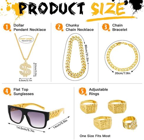 80s 90s Hip Hop Costume Accessories Set for Men, Gold Chain with Dollar Pendant, Bracelet, Rings and Flat Top Sunglasses, Retro Rapper Outfit for Party Halloween in Saudi Arabia