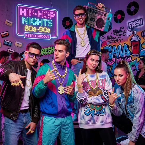 80s 90s Hip Hop Costume Accessories Set for Men, Gold Chain with Dollar Pendant, Bracelet, Rings and Flat Top Sunglasses, Retro Rapper Outfit for Party Halloween in Saudi Arabia