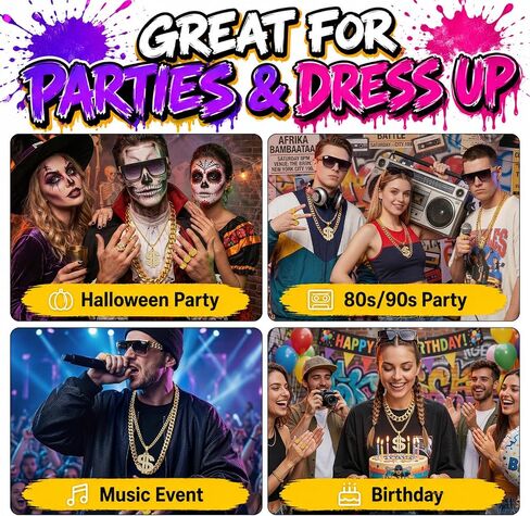 80s 90s Hip Hop Costume Accessories Set for Men, Gold Chain with Dollar Pendant, Bracelet, Rings and Flat Top Sunglasses, Retro Rapper Outfit for Party Halloween in Saudi Arabia