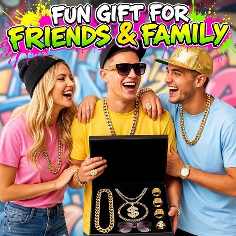 80s 90s Hip Hop Costume Accessories Set for Men, Gold Chain with Dollar Pendant, Bracelet, Rings and Flat Top Sunglasses, Retro Rapper Outfit for Party Halloween in Saudi Arabia