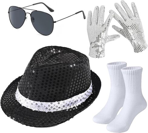 70s Disco Outfits Men Pop Star Costume Accessories Sequin Gloves Black Fedora Hat Sunglass Socks for 80s 90s Themed Halloween Party Outfit in Saudi Arabia