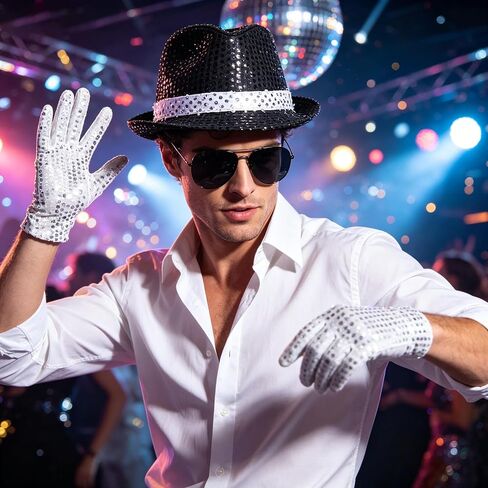 70s Disco Outfits Men Pop Star Costume Accessories Sequin Gloves Black Fedora Hat Sunglass Socks for 80s 90s Themed Halloween Party Outfit in Saudi Arabia