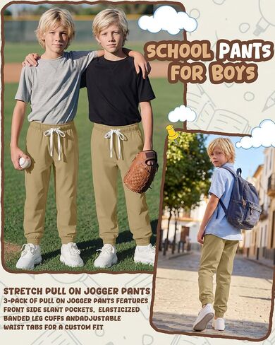 Oakgarden 3 Pack Boy's Uniform Joggers Cotton School Pants with Drawstring and Side Pockets Athletic Pants 6-16 Years in Kuwait