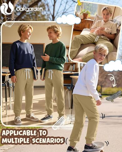 Oakgarden 3 Pack Boy's Uniform Joggers Cotton School Pants with Drawstring and Side Pockets Athletic Pants 6-16 Years in Kuwait