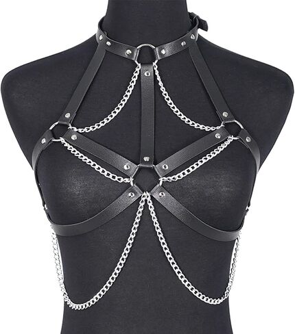 Women’s PU Leather Chain Harness – Adjustable Gothic Body Harness with Alloy Rings, Multi-Layer Metal Chain Chest Strap for Festival, Rave, Cosplay & Clubwear Outfits(Fit Chest 32.5-42.7in) in Kuwait
