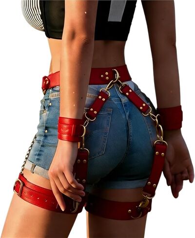 Women's Punk Gothic Leather Thigh Harness&Garter Set, Adjustable Waist Cincher with Body Chain for Cosplay Nightclub Outfits in Saudi Arabia