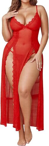 Alrovetoney Womens Lingerie Gown For Women Babydoll Sexy Mesh Maxi Nightdress Strappy Exotic Sleepwear Side Slits in Saudi Arabia