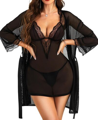 Women's Lingerie Sets with Robe - 3 Piece Lace Mesh Chemise Babydoll Nightgown with Thong in Saudi Arabia