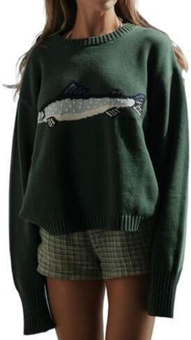 Y2k Fish Graphic Crochet Chunky Sweater Women Vintage Cottagecore Oversized Streetwear in Saudi Arabia