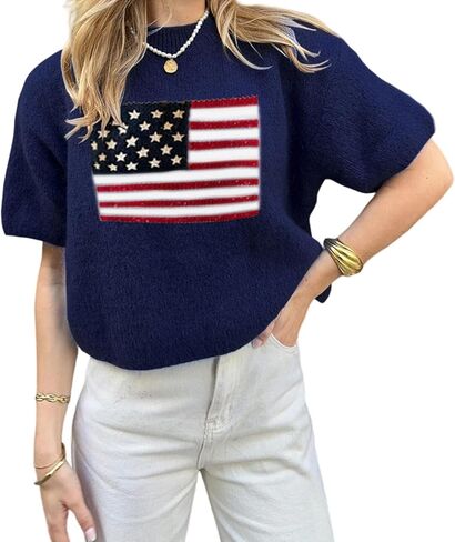 RUEWEY Womens American Flag Short Sleeve Sweater Casual Crewneck US Flag Knitted Pullover Crop Tops in Saudi Arabia