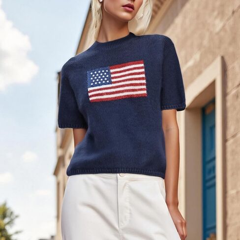 RUEWEY Womens American Flag Short Sleeve Sweater Casual Crewneck US Flag Knitted Pullover Crop Tops in Saudi Arabia