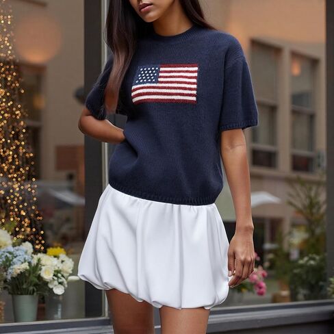 RUEWEY Womens American Flag Short Sleeve Sweater Casual Crewneck US Flag Knitted Pullover Crop Tops in Saudi Arabia