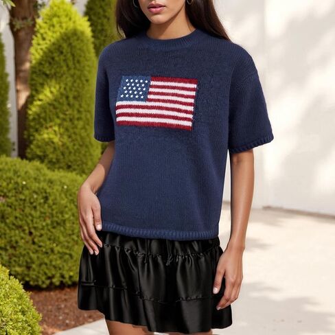 RUEWEY Womens American Flag Short Sleeve Sweater Casual Crewneck US Flag Knitted Pullover Crop Tops in Saudi Arabia
