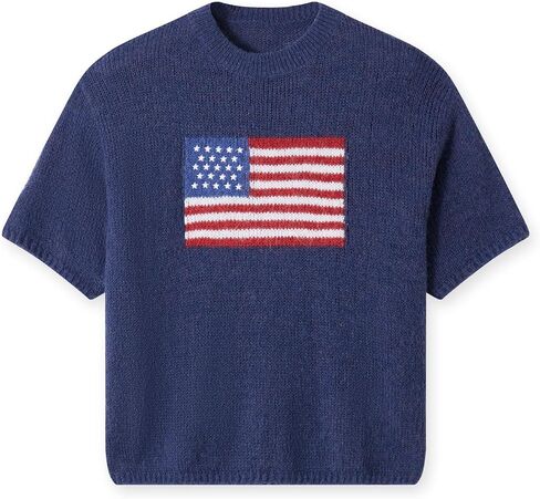 RUEWEY Womens American Flag Short Sleeve Sweater Casual Crewneck US Flag Knitted Pullover Crop Tops in Saudi Arabia