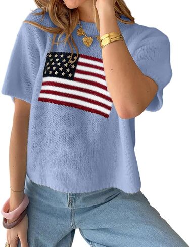 RUEWEY Womens American Flag Short Sleeve Sweater Casual Crewneck US Flag Knitted Pullover Crop Tops in Saudi Arabia