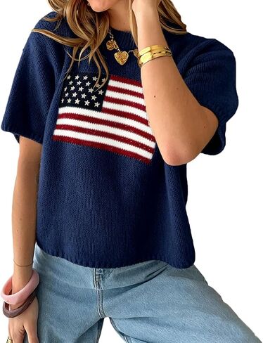 RUEWEY Womens American Flag Short Sleeve Sweater Casual Crewneck US Flag Knitted Pullover Crop Tops in Saudi Arabia