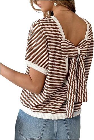 SHENHE Women's Striped Short Sleeve Sweater Bow Back Crew Neck Summer Knit Top Sweater Pullover in Kuwait