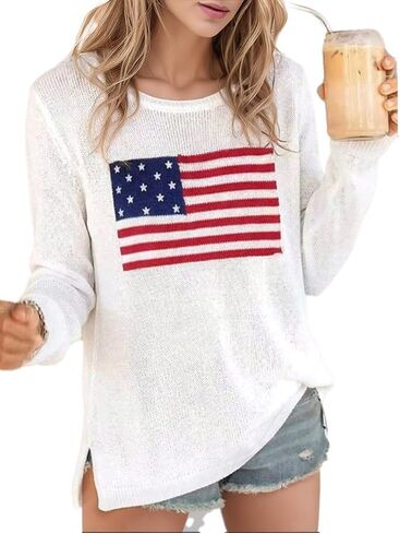 Women's Split Hem Sweater - Crew Neck Long Sleeve USA Flag Tops for Independence Day Beach Daily Wear in Saudi Arabia