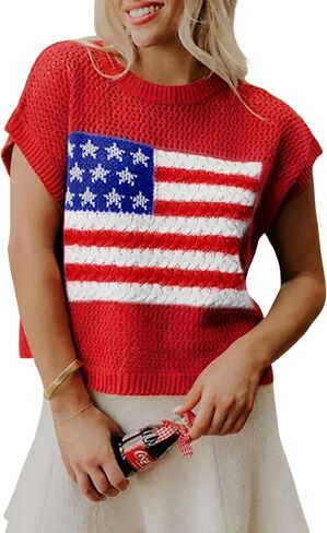 SELINK Womens Summer Crochet Tops Hollow Out Cap Sleeve American Flag Crew Neck Graphic Pullover Sweater in Saudi Arabia