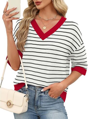 WIHOLL Oversized 3/4 Length Sleeve Womens Sweaters V Neck Cute Crochet Blouses Trendy Spring Summer Fashion Outfits in Kuwait