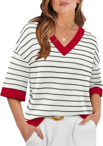 WIHOLL Oversized 3/4 Length Sleeve Womens Sweaters V Neck Cute Crochet Blouses Trendy Spring Summer Fashion Outfits in Kuwait