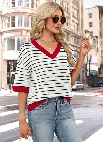 WIHOLL Oversized 3/4 Length Sleeve Womens Sweaters V Neck Cute Crochet Blouses Trendy Spring Summer Fashion Outfits in Kuwait
