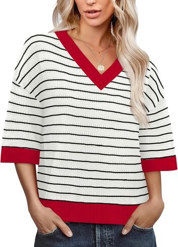 WIHOLL Oversized 3/4 Length Sleeve Womens Sweaters V Neck Cute Crochet Blouses Trendy Spring Summer Fashion Outfits in Kuwait