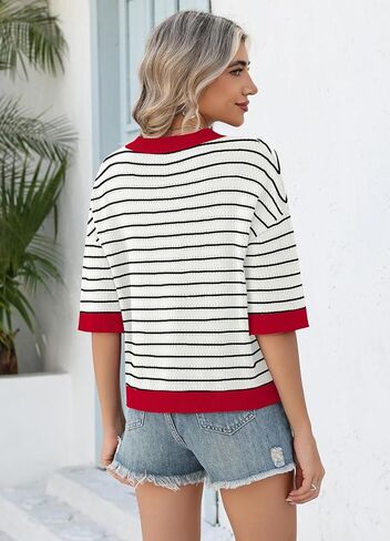 WIHOLL Oversized 3/4 Length Sleeve Womens Sweaters V Neck Cute Crochet Blouses Trendy Spring Summer Fashion Outfits in Kuwait