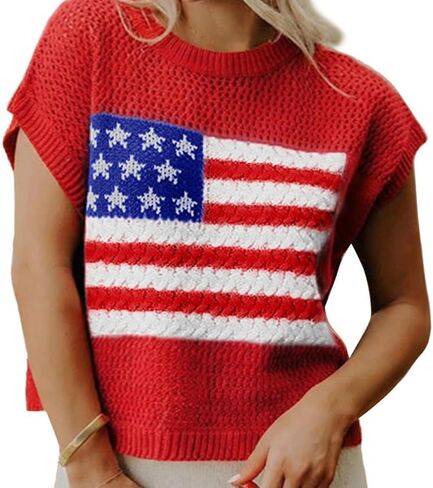 Women Short Sleeve Flag Sweater Vest American Flag Crew Neck Vest Patriotic Knit Top for Summer 4th of July Holiday in Saudi Arabia
