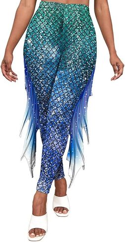 color cosplayer Mermaid Yoga Print Leggings for Women Plus Size Fish Scale High Waisted Pants Halloween Costume Tights in Kuwait