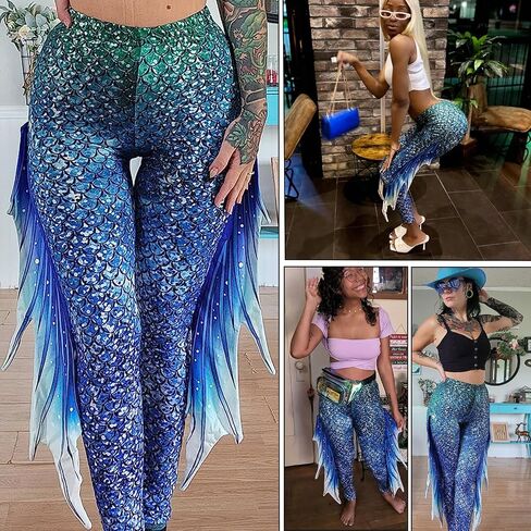 color cosplayer Mermaid Yoga Print Leggings for Women Plus Size Fish Scale High Waisted Pants Halloween Costume Tights in Kuwait