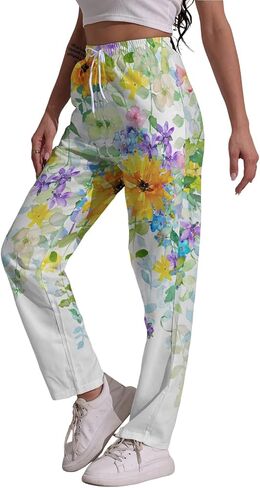 Women's Floral Linen Pants - Boho Beach Casual Pants Drawstring Pockets & Hawaiian Print in Saudi Arabia