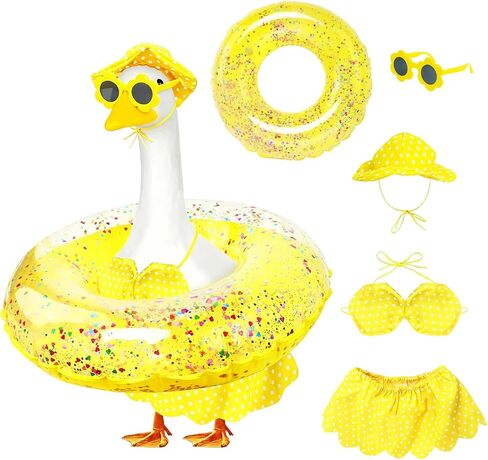 MASU&FHWE Porch Goose Outfits Yellow Hawaiian Bikini Summer Goose Clothes with Hat Swimsuit Floatie Sunglasses Set for Lawn, Yard, Garden,Porch Goose Decor in Kuwait