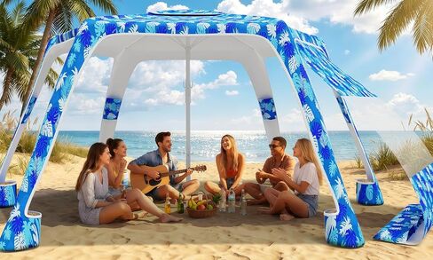 Beach Cabana 8'×8', UPF 50+ Sun Shelter with Side Wall, Adjustable Height | 6-Corner Design, Wind Resistant, with Hook, Pop-Up Setup, Portable with Carry Bag for Whole Family (Blue White Stripes) in Saudi Arabia