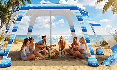 Beach Cabana with 6-Corner, 51.0 sq.ft UPF50+ Beach Canopy, Adjustable Height Beach Tent Sun Shelter, Sun Umbrella with Removable Side Wall, Beach Shade for Beach, Garden, Camping (Blue White Stripes) in Saudi Arabia