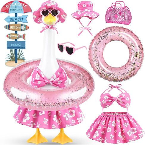 طقم أزياء MOVINPE Summer Porch Goose، مجموعة أزياء حمام السباحة والشاطئ الاستوائية لتماثيل أوزة العشب مقاس 23 بوصة - بيكيني زهري وردي، قبعة شمس، نظارات شمسية، حلقة قابلة للنفخ، سلة منسوجة وعلامات ديكور الحديقة in Kuwait