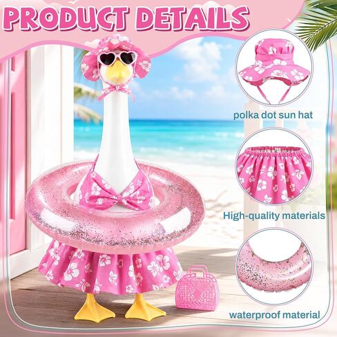 طقم أزياء MOVINPE Summer Porch Goose، مجموعة أزياء حمام السباحة والشاطئ الاستوائية لتماثيل أوزة العشب مقاس 23 بوصة - بيكيني زهري وردي، قبعة شمس، نظارات شمسية، حلقة قابلة للنفخ، سلة منسوجة وعلامات ديكور الحديقة in Kuwait