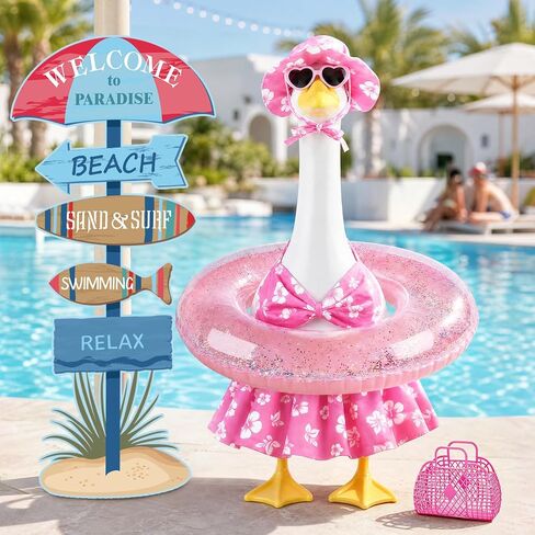 طقم أزياء MOVINPE Summer Porch Goose، مجموعة أزياء حمام السباحة والشاطئ الاستوائية لتماثيل أوزة العشب مقاس 23 بوصة - بيكيني زهري وردي، قبعة شمس، نظارات شمسية، حلقة قابلة للنفخ، سلة منسوجة وعلامات ديكور الحديقة in Kuwait