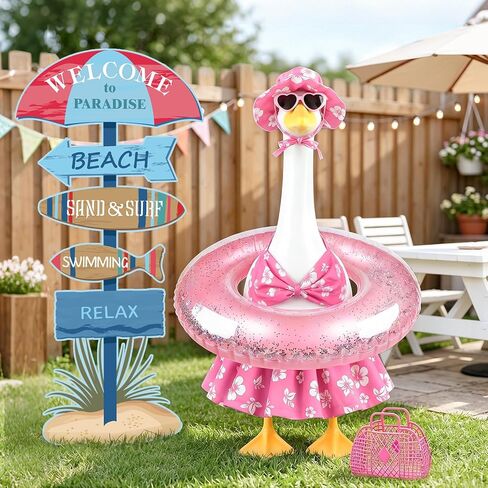 طقم أزياء MOVINPE Summer Porch Goose، مجموعة أزياء حمام السباحة والشاطئ الاستوائية لتماثيل أوزة العشب مقاس 23 بوصة - بيكيني زهري وردي، قبعة شمس، نظارات شمسية، حلقة قابلة للنفخ، سلة منسوجة وعلامات ديكور الحديقة in Kuwait