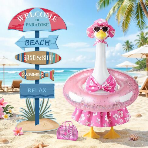 طقم أزياء MOVINPE Summer Porch Goose، مجموعة أزياء حمام السباحة والشاطئ الاستوائية لتماثيل أوزة العشب مقاس 23 بوصة - بيكيني زهري وردي، قبعة شمس، نظارات شمسية، حلقة قابلة للنفخ، سلة منسوجة وعلامات ديكور الحديقة in Kuwait