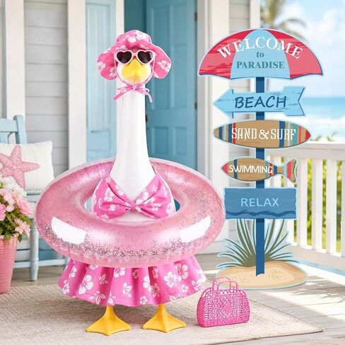 طقم أزياء MOVINPE Summer Porch Goose، مجموعة أزياء حمام السباحة والشاطئ الاستوائية لتماثيل أوزة العشب مقاس 23 بوصة - بيكيني زهري وردي، قبعة شمس، نظارات شمسية، حلقة قابلة للنفخ، سلة منسوجة وعلامات ديكور الحديقة in Kuwait