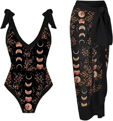 Death's Head Moth Print One Piece Swimsuit and Sarong Set Tie Shoulder Straps Swimwear Set in Saudi Arabia