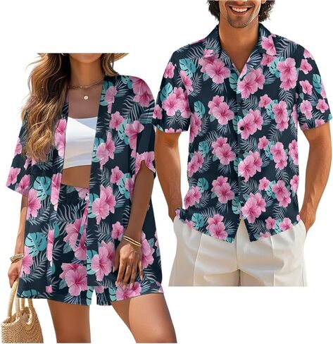 Matching Hawaiian Outfits for Couples Beach Sets Women 2 Piece Outfits Vacation Sets Men Shirt for Luau Party in Saudi Arabia