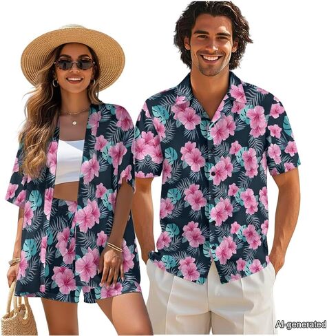 Matching Hawaiian Outfits for Couples Beach Sets Women 2 Piece Outfits Vacation Sets Men Shirt for Luau Party in Saudi Arabia
