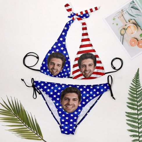 Custom Face Bathing Suit Personalized 4th of July Swimsuits for Women Flag Face Bikini with Husband Photo Picture in Saudi Arabia