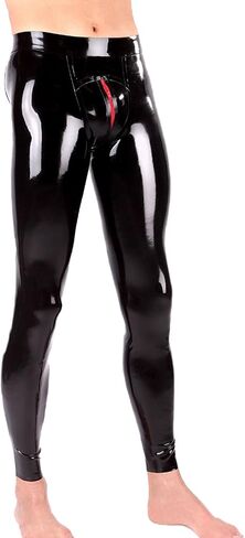 Men's Latex Leggings with Red Zipper Around The Crotch,Low Waist Latex Rubber Pants Handmade in Kuwait