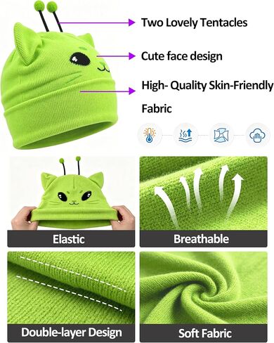 Alien Cat Ears Beanie, Green Hat Knit Meme Gifts Cute Funny Crazy Hats for Costume Accessories Adults in Saudi Arabia